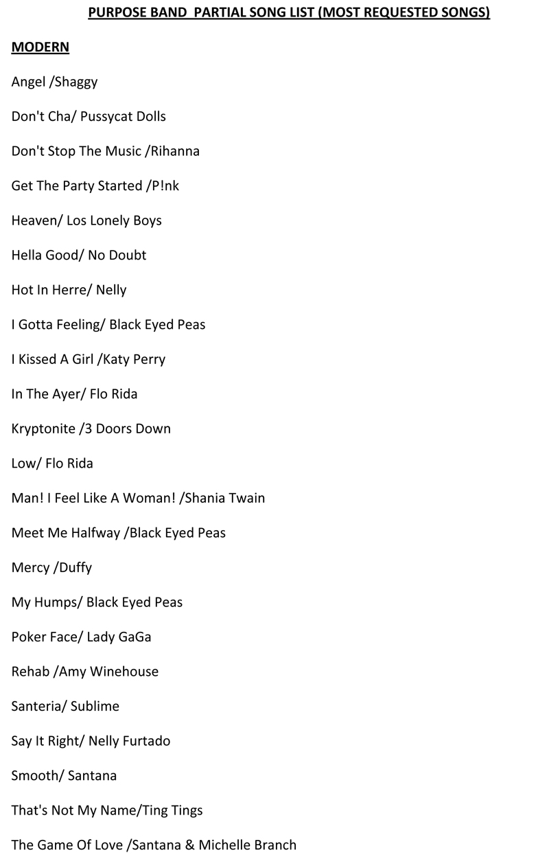 Microsoft Word - PURPOSE BAND  PARTIAL SONG LIST.doc